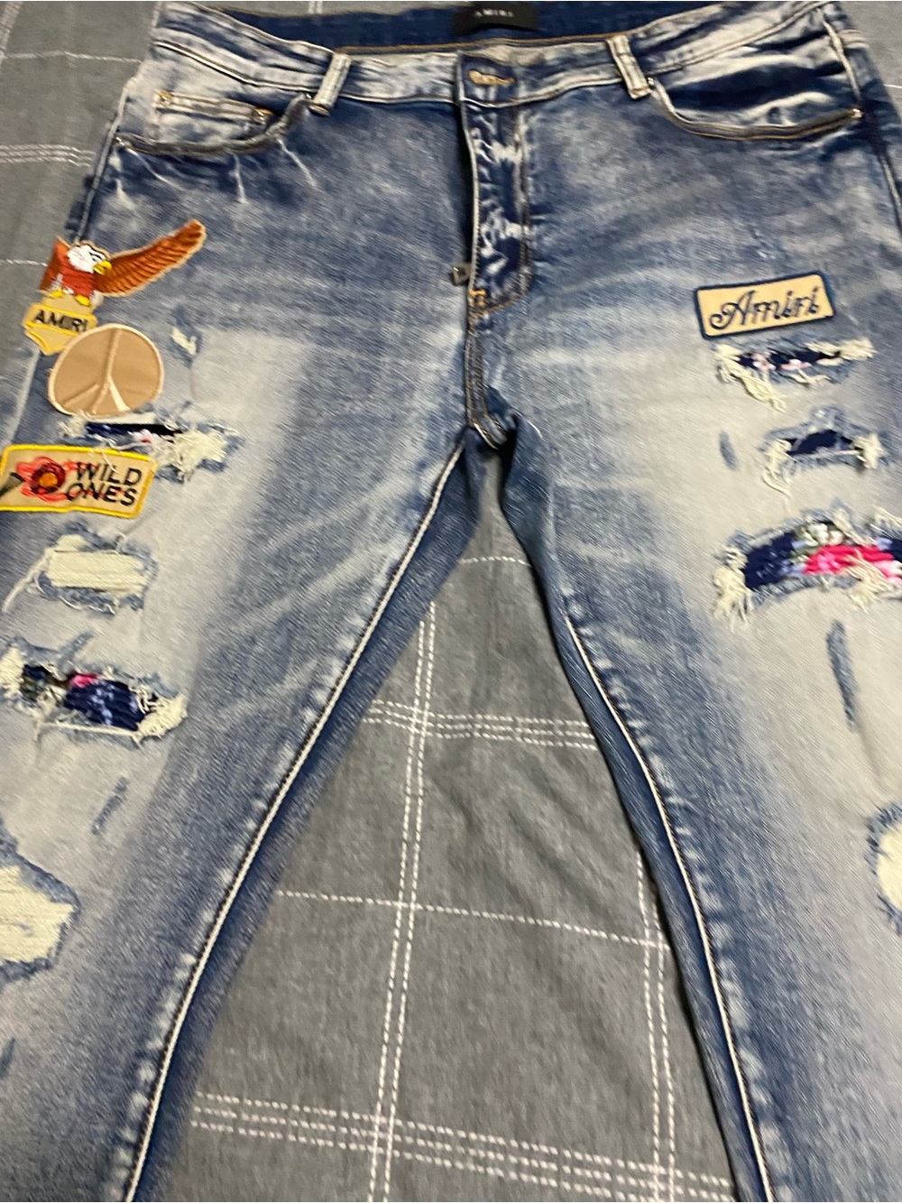 AMIRI Light Blue Distressed Patchwork Jeans